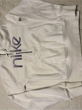 Nike White Hoodie with Gray Nike Tag and Black Zipper
